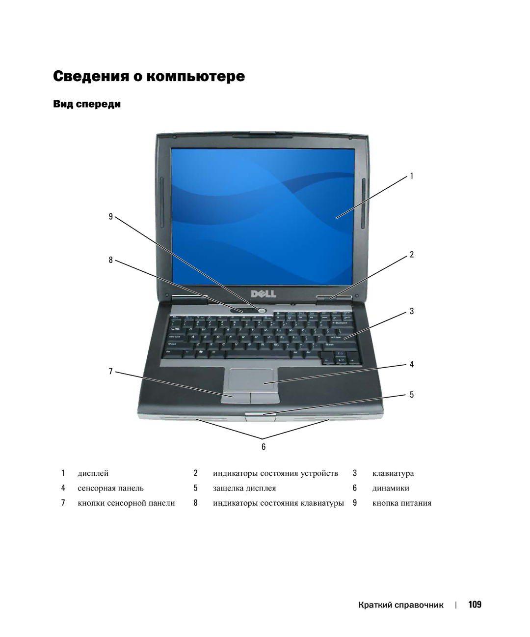 Dell D520 manual Сведения о компьютере, Вид спереди, 109 