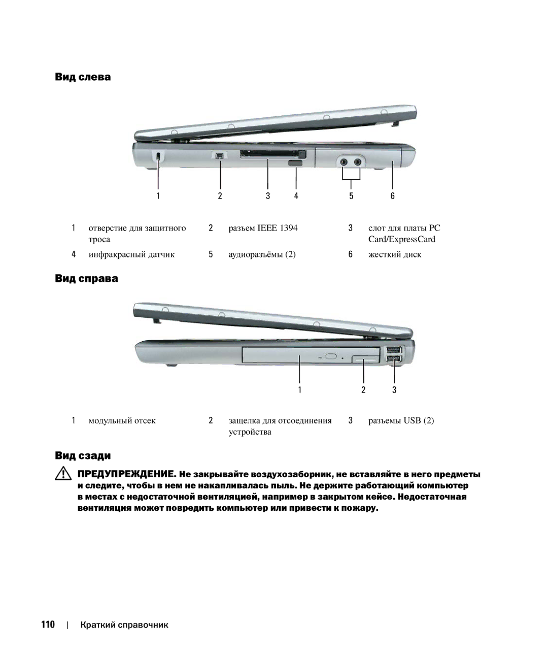 Dell D520 manual Вид слева, Вид справа, Вид сзади, 110 