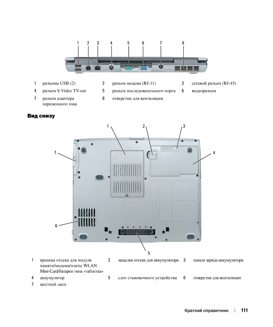 Dell D520 manual Вид снизу, 111 