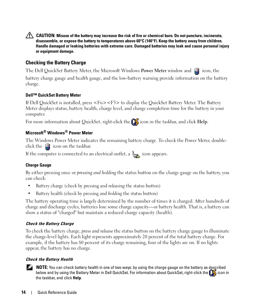 Dell D520 manual Checking the Battery Charge, Dell QuickSet Battery Meter, Microsoft Windows Power Meter, Charge Gauge 