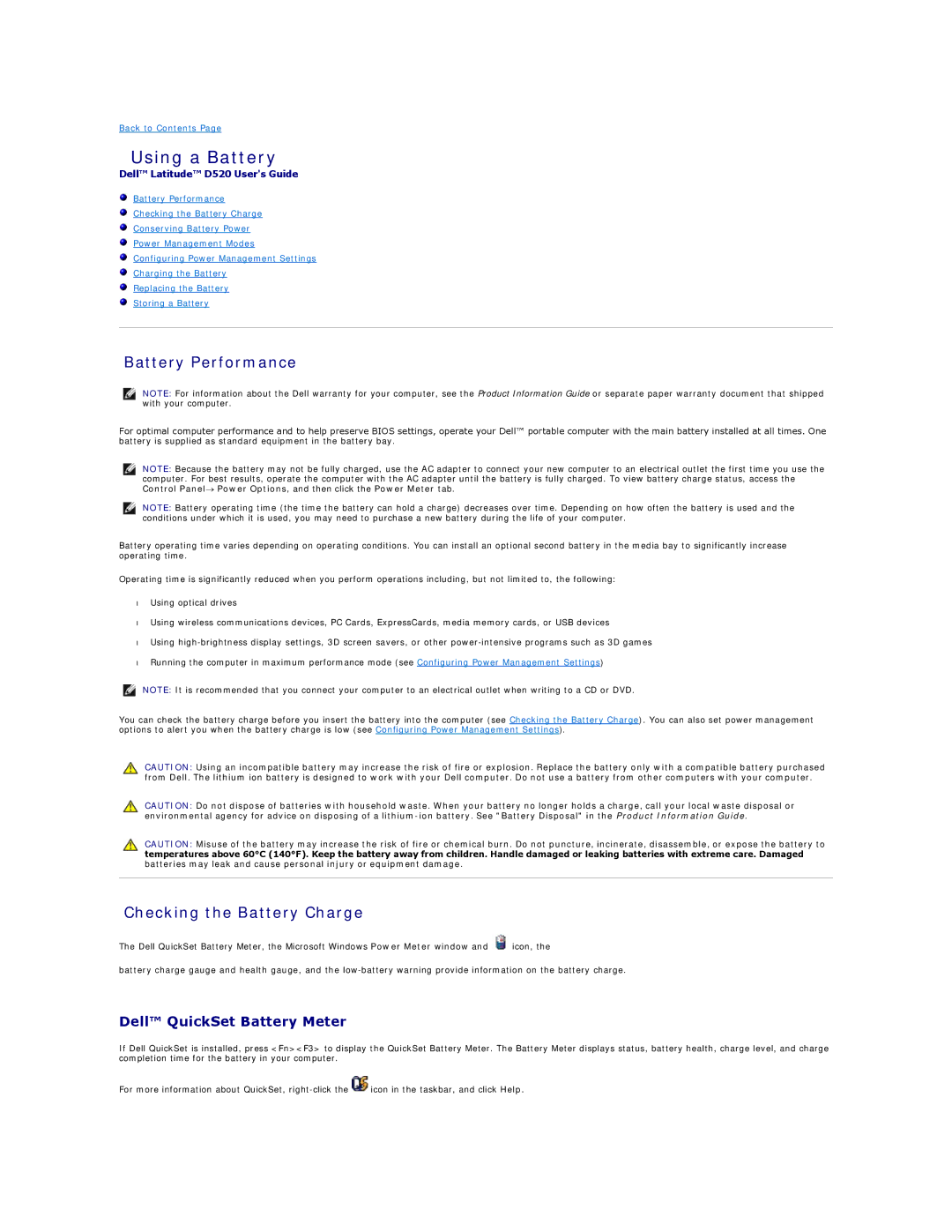 Dell D520 specifications Using a Battery, Battery Performance, Checking the Battery Charge, Dell QuickSet Battery Meter 