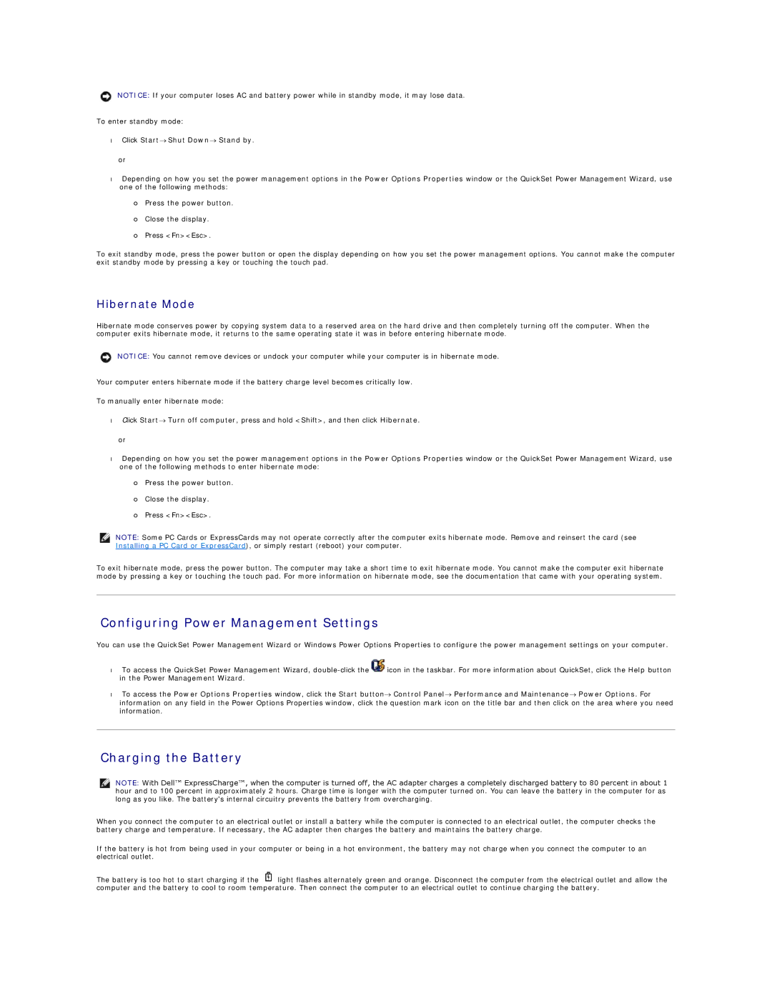 Dell D520 Configuring Power Management Settings, Charging the Battery, Hibernate Mode, Click Start→ Shut Down→ Stand by 