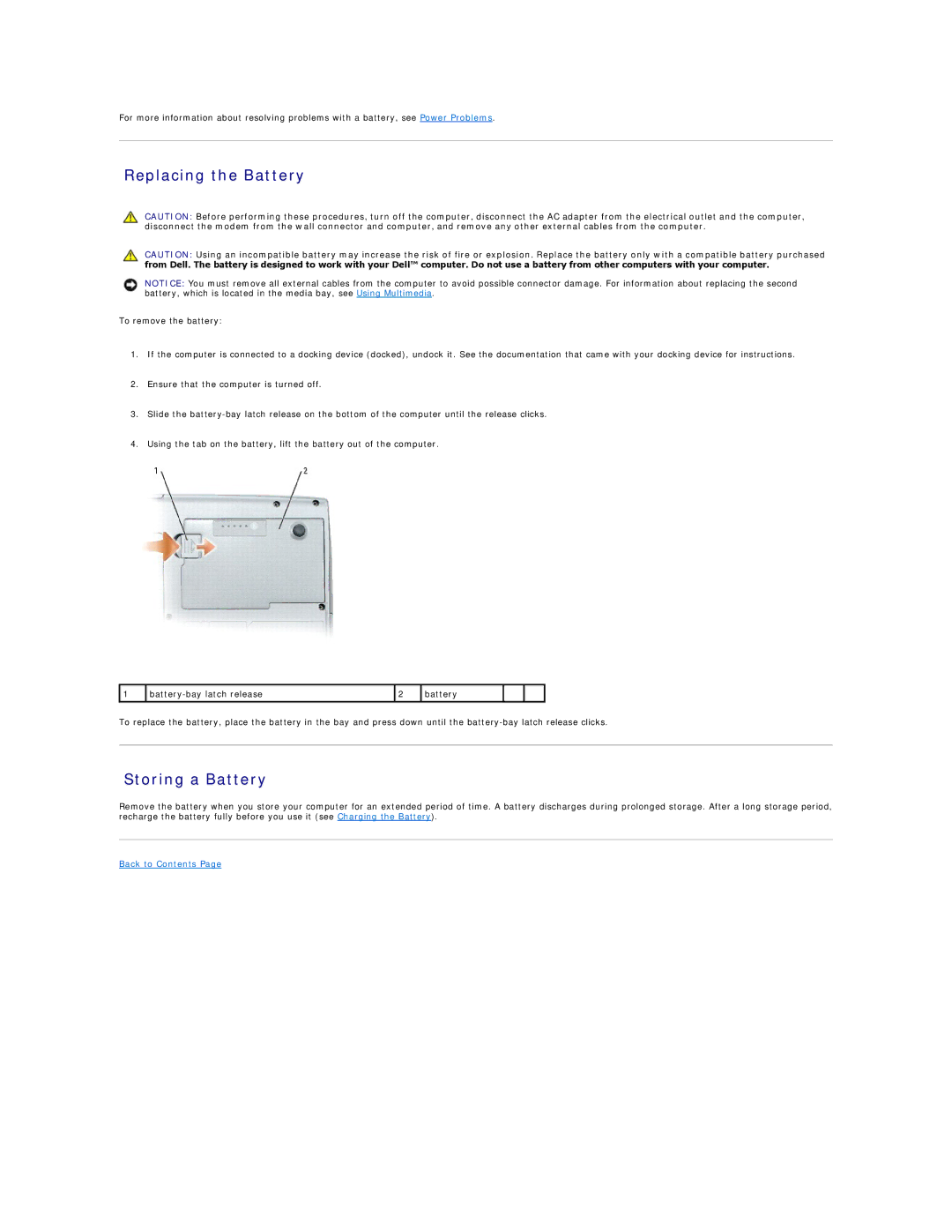 Dell D520 specifications Replacing the Battery, Storing a Battery 