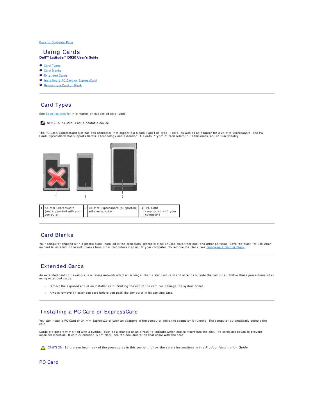 Dell D520 specifications Using Cards, Card Types, Card Blanks, Extended Cards, Installing a PC Card or ExpressCard 