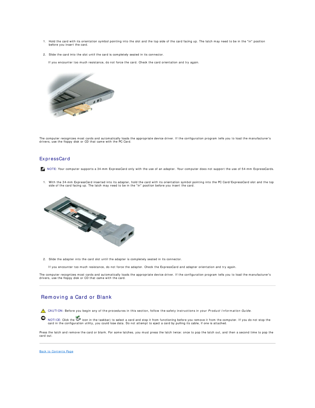 Dell D520 specifications Removing a Card or Blank, ExpressCard 