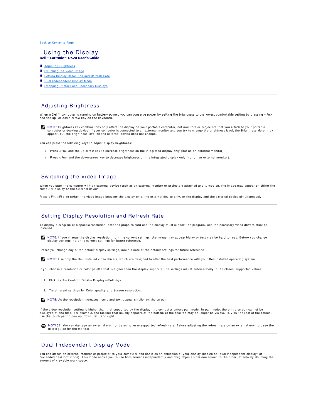 Dell D520 Using the Display, Adjusting Brightness, Switching the Video Image, Setting Display Resolution and Refresh Rate 