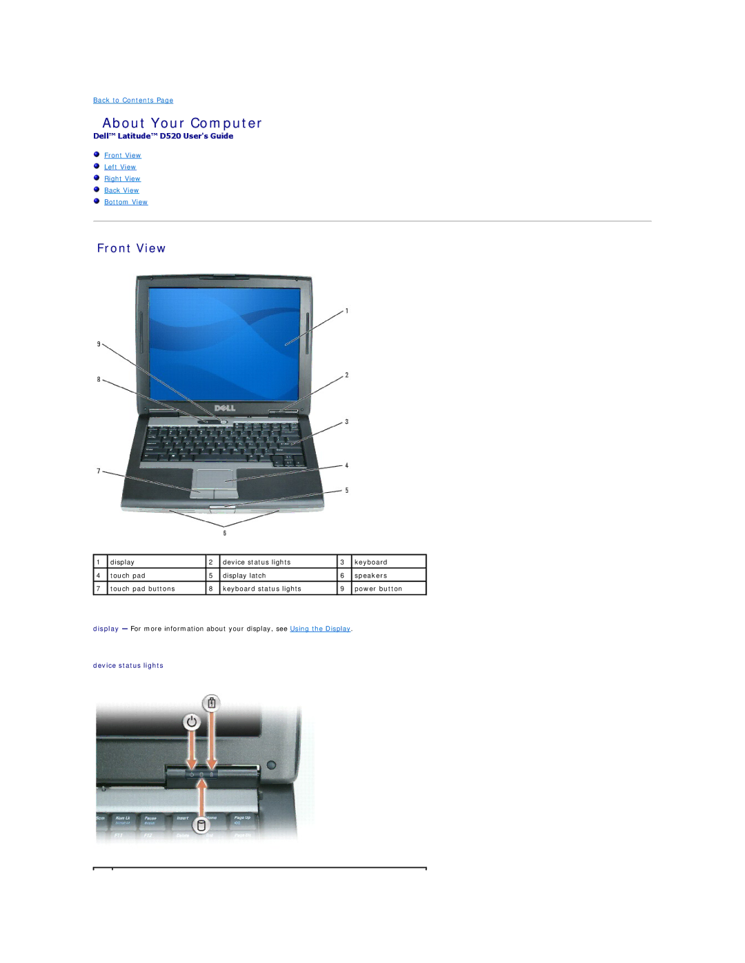 Dell D520 specifications About Your Computer, Front View, Device status lights 