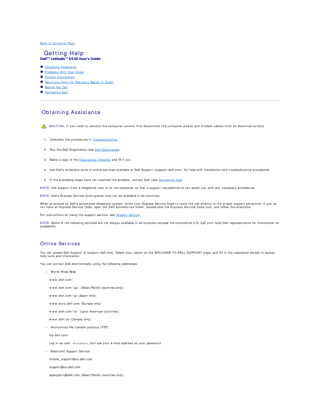 Dell D520 specifications Getting Help, Obtaining Assistance, Online Services, Ftp.dell.com 