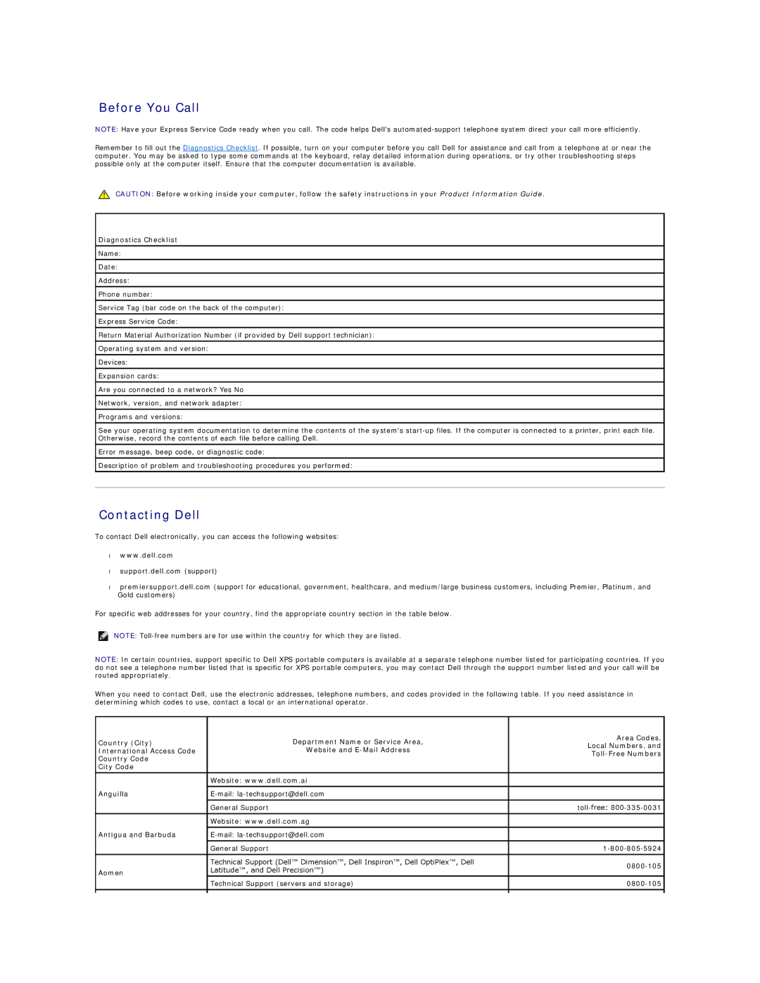 Dell D520 specifications Before You Call, Contacting Dell, Diagnostics Checklist, Antigua and Barbuda, Aomen 