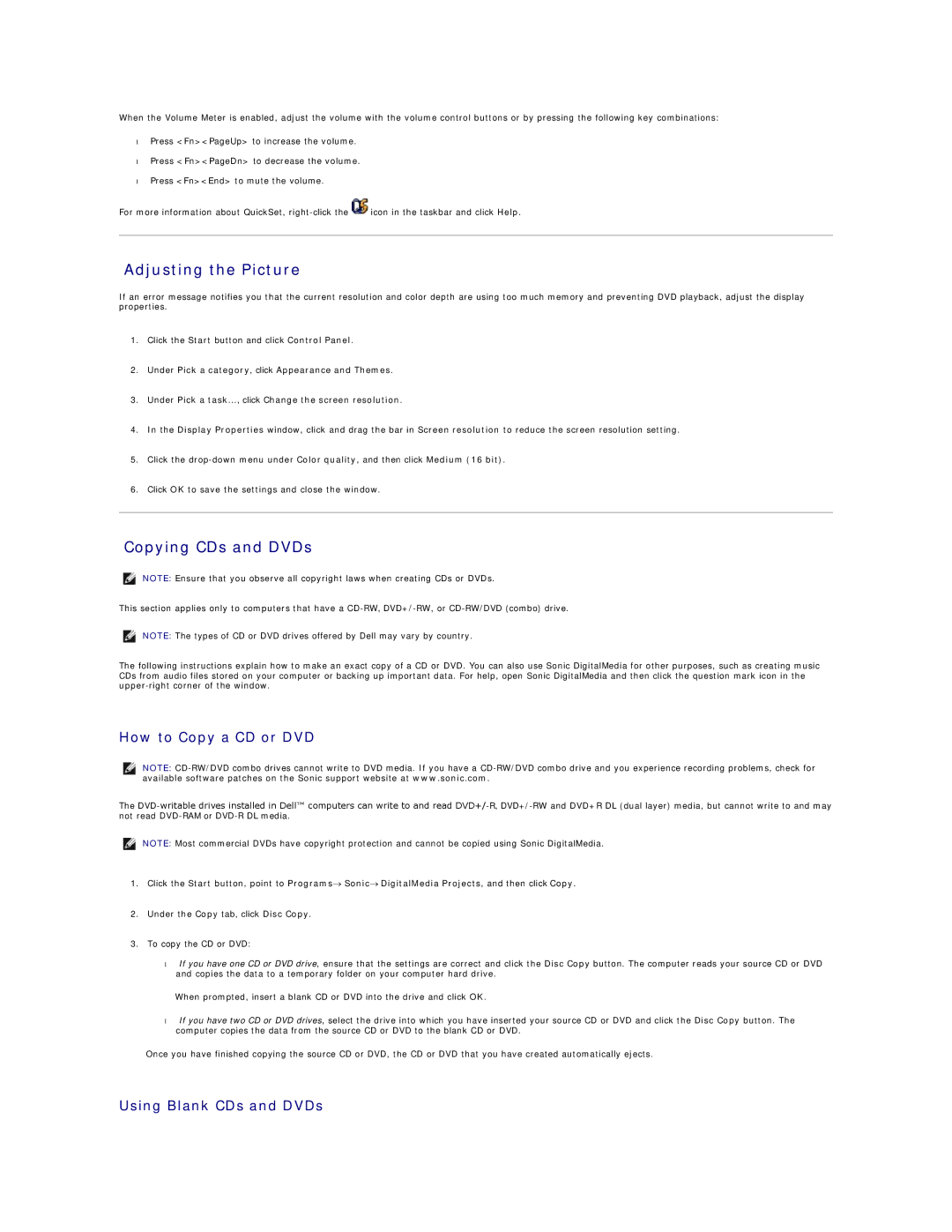 Dell D520 specifications Adjusting the Picture, Copying CDs and DVDs, How to Copy a CD or DVD, Using Blank CDs and DVDs 