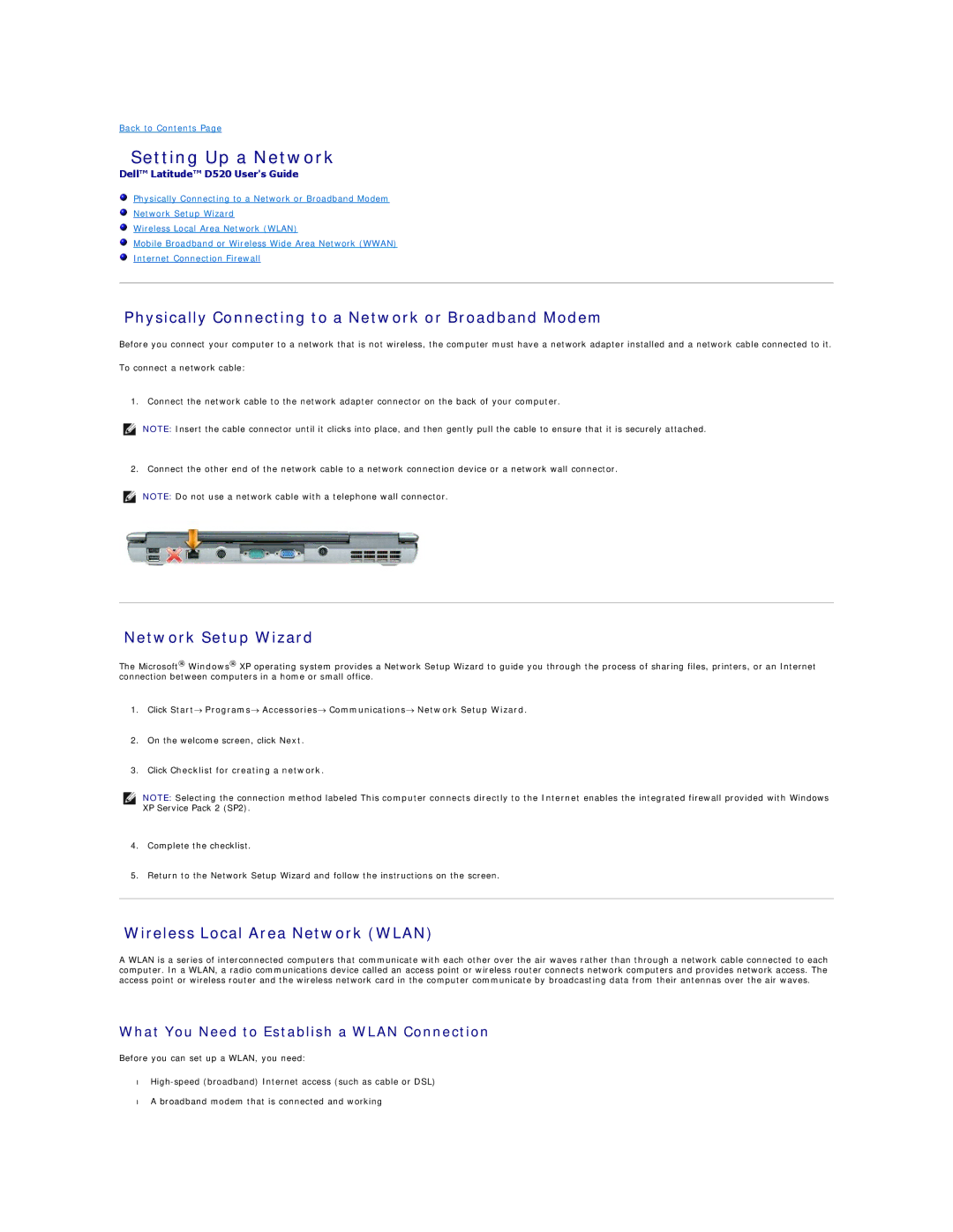 Dell D520 specifications Setting Up a Network, Physically Connecting to a Network or Broadband Modem, Network Setup Wizard 