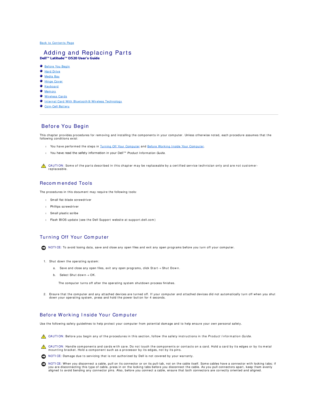 Dell D520 specifications Adding and Replacing Parts, Before You Begin, Recommended Tools, Turning Off Your Computer 