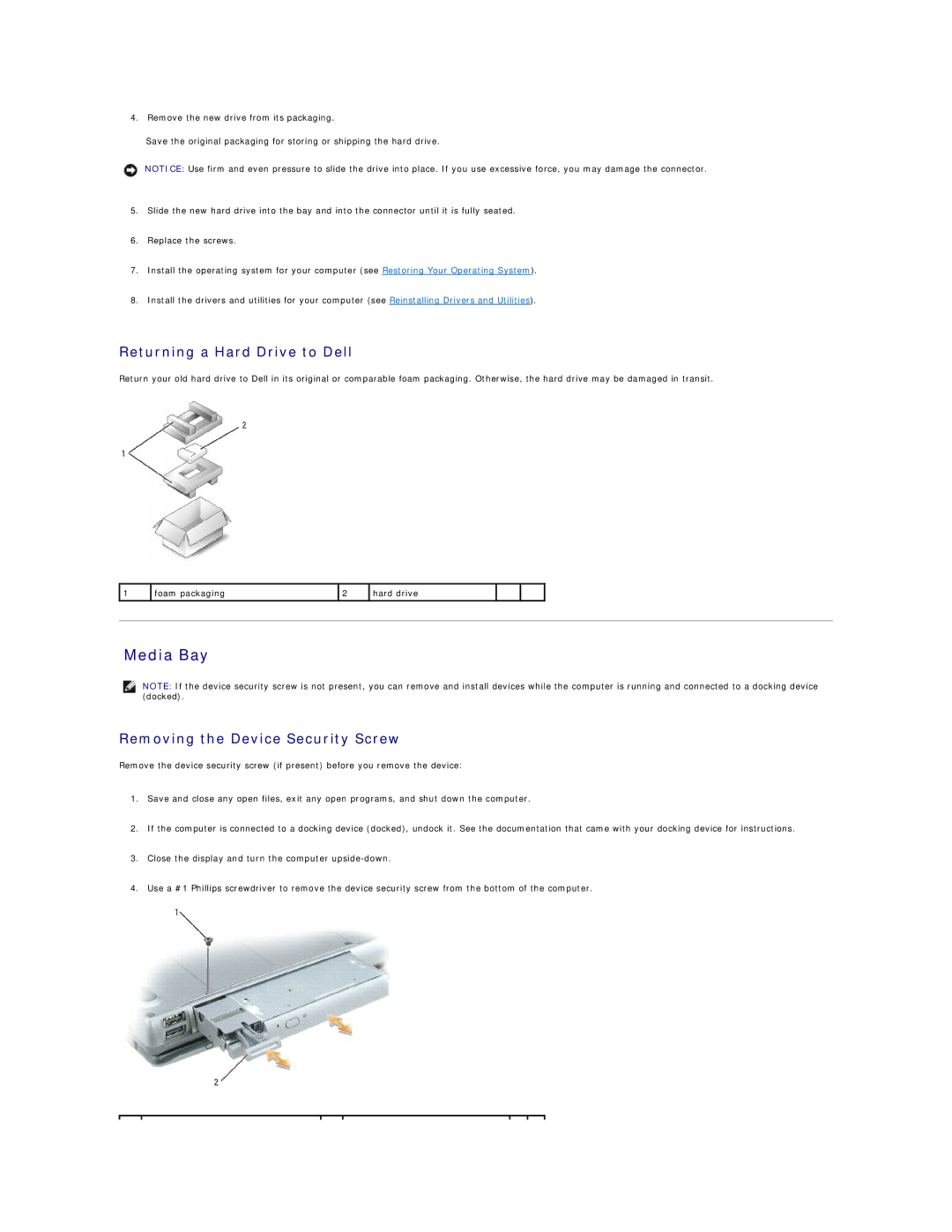 Dell D520 specifications Media Bay, Returning a Hard Drive to Dell, Removing the Device Security Screw 