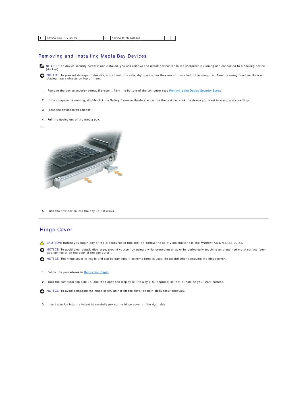 Dell D520 specifications Hinge Cover, Removing and Installing Media Bay Devices 