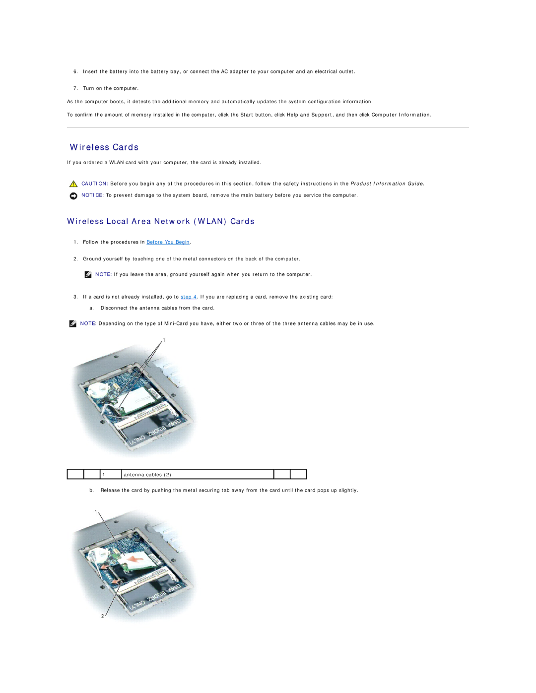 Dell D520 specifications Wireless Cards, Wireless Local Area Network Wlan Cards 