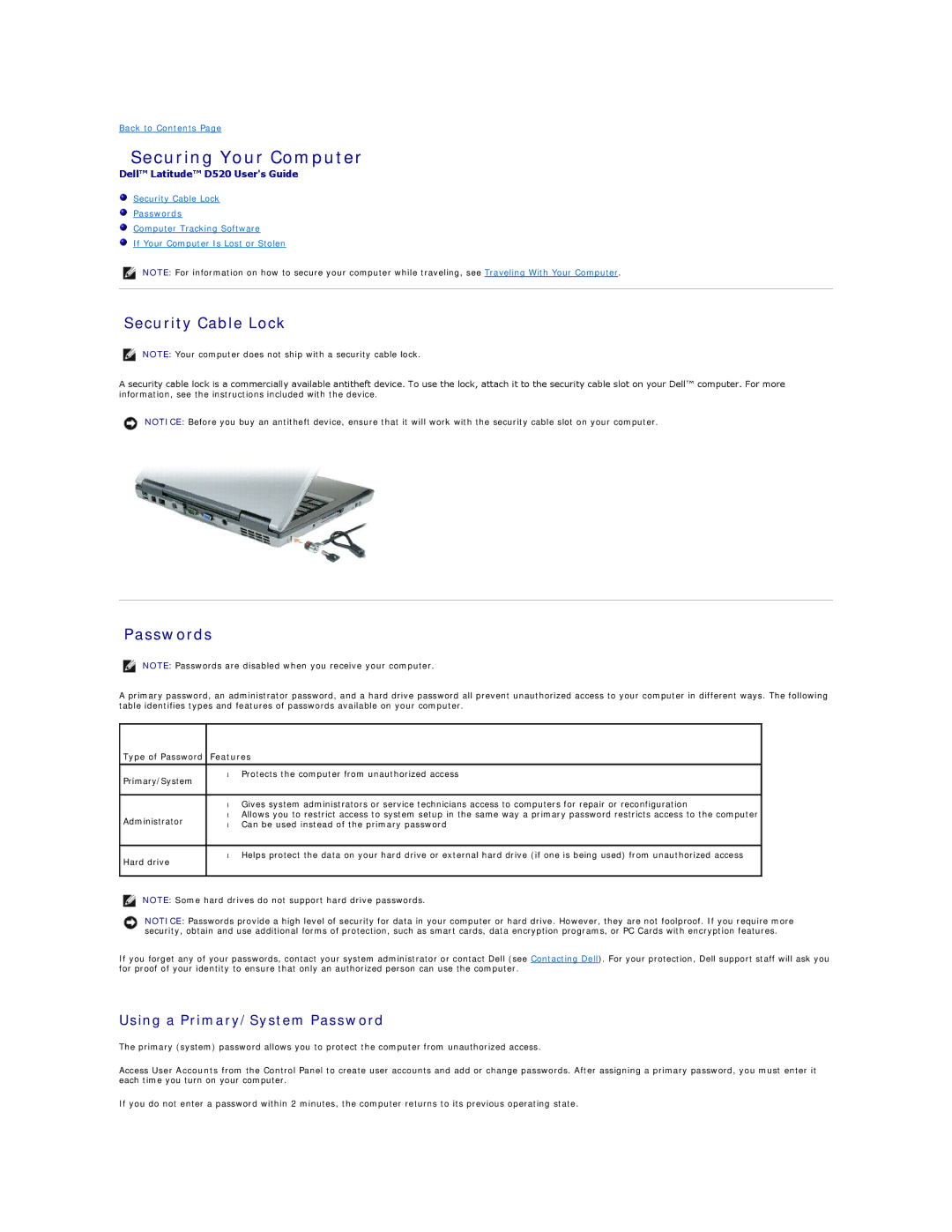 Dell D520 specifications Securing Your Computer, Security Cable Lock, Passwords, Using a Primary/System Password 