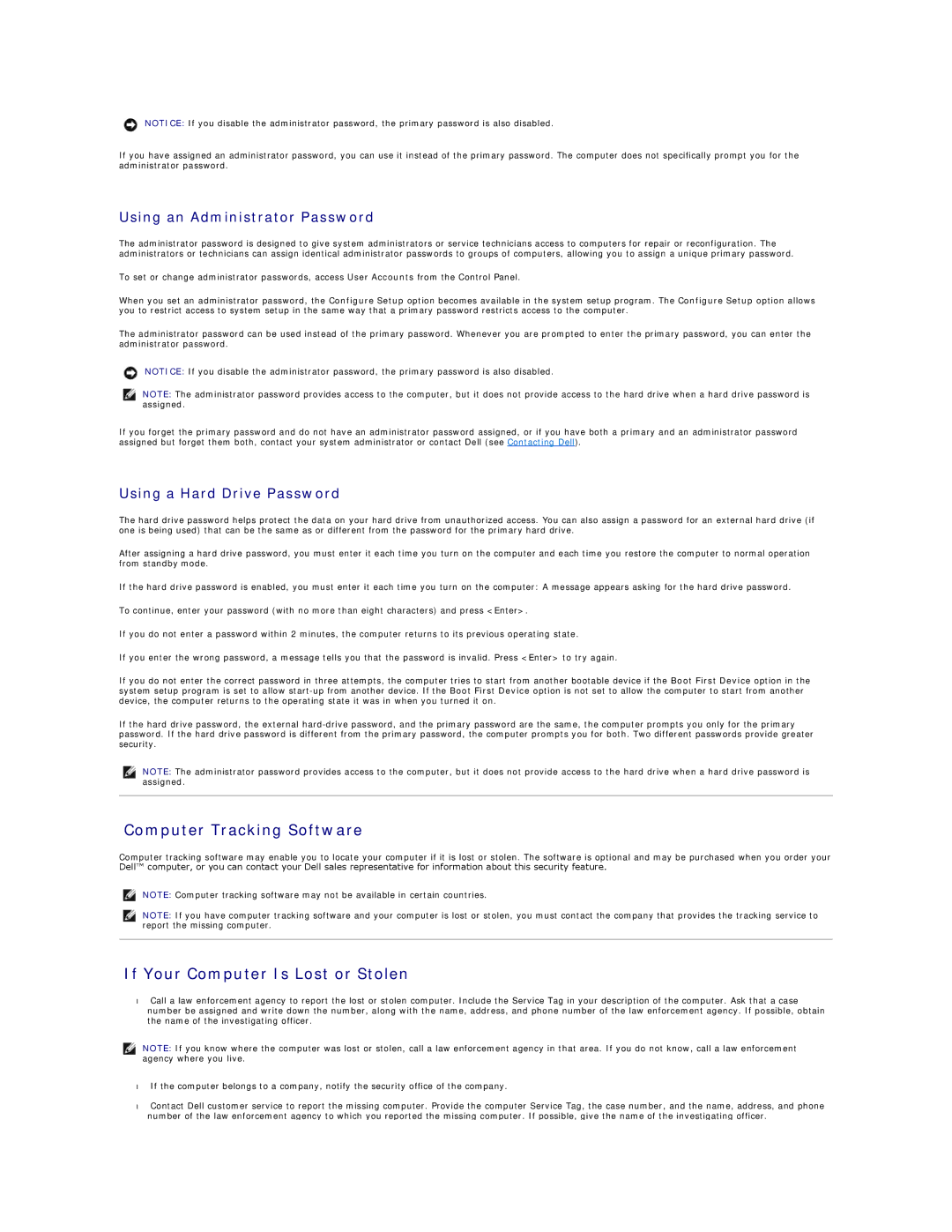 Dell D520 specifications Computer Tracking Software, If Your Computer Is Lost or Stolen, Using an Administrator Password 