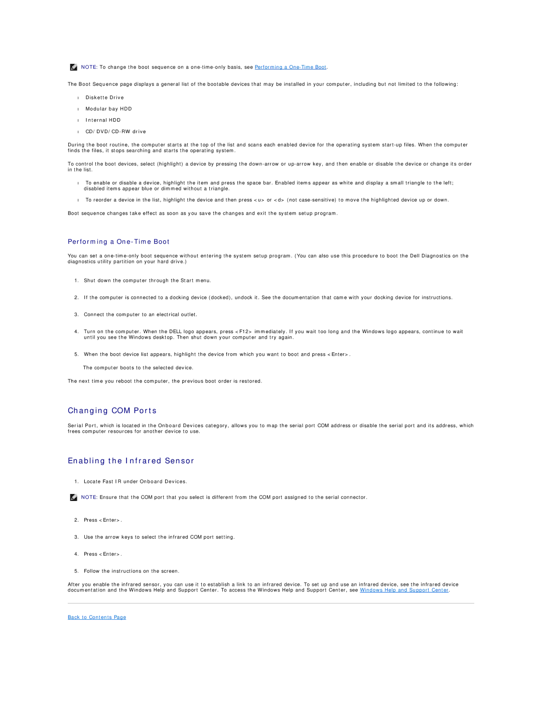 Dell D520 specifications Changing COM Ports, Enabling the Infrared Sensor, Performing a One-Time Boot 