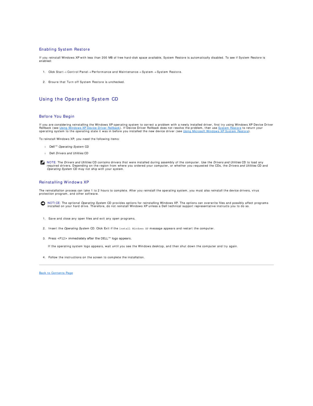 Dell D520 specifications Using the Operating System CD, Enabling System Restore, Before You Begin, Reinstalling Windows XP 