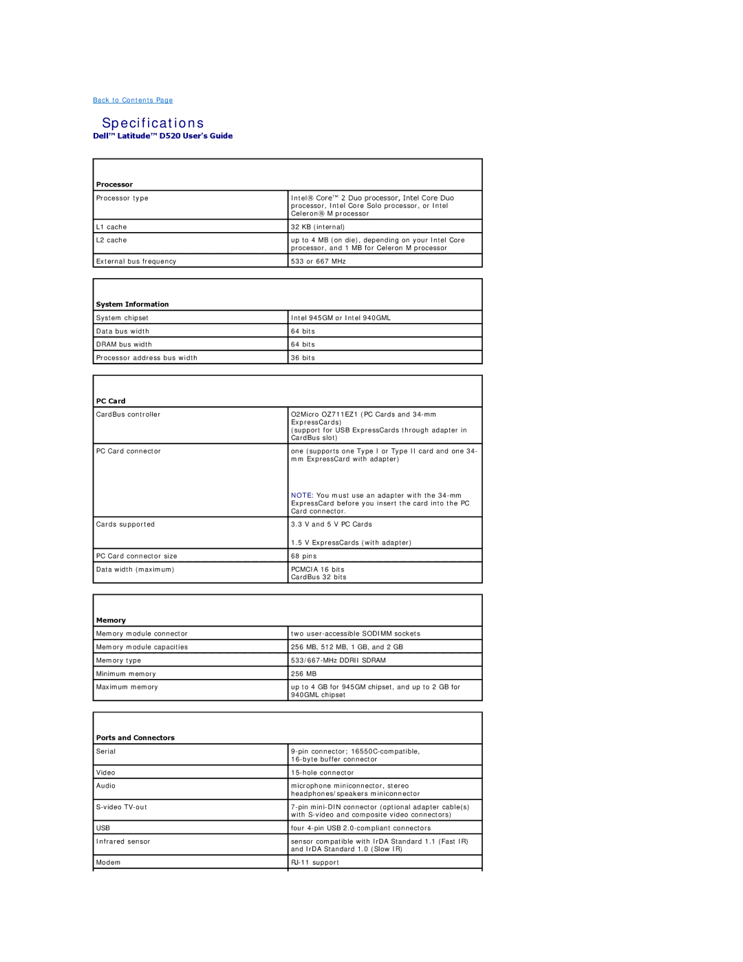 Dell D520 specifications Specifications 