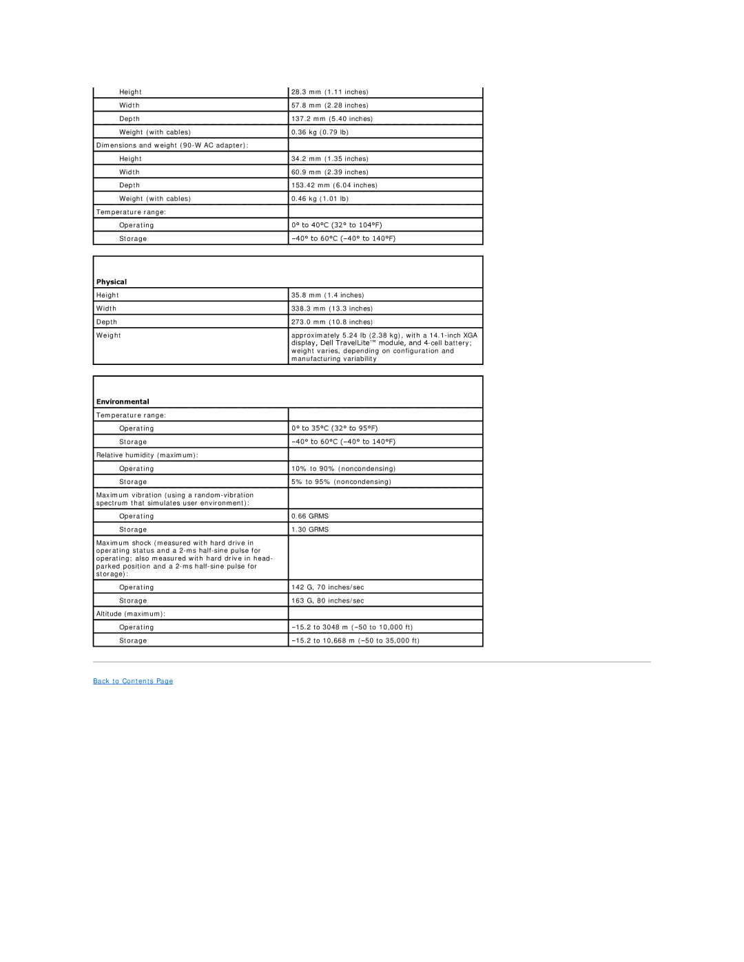 Dell D520 specifications Physical, Environmental 