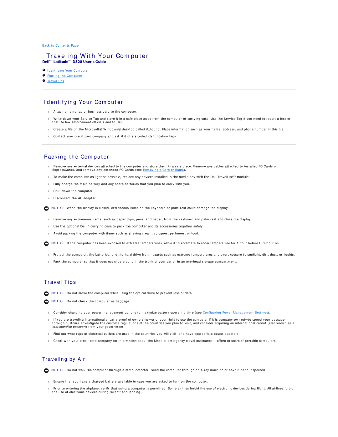 Dell D520 Traveling With Your Computer, Identifying Your Computer, Packing the Computer, Travel Tips, Traveling by Air 