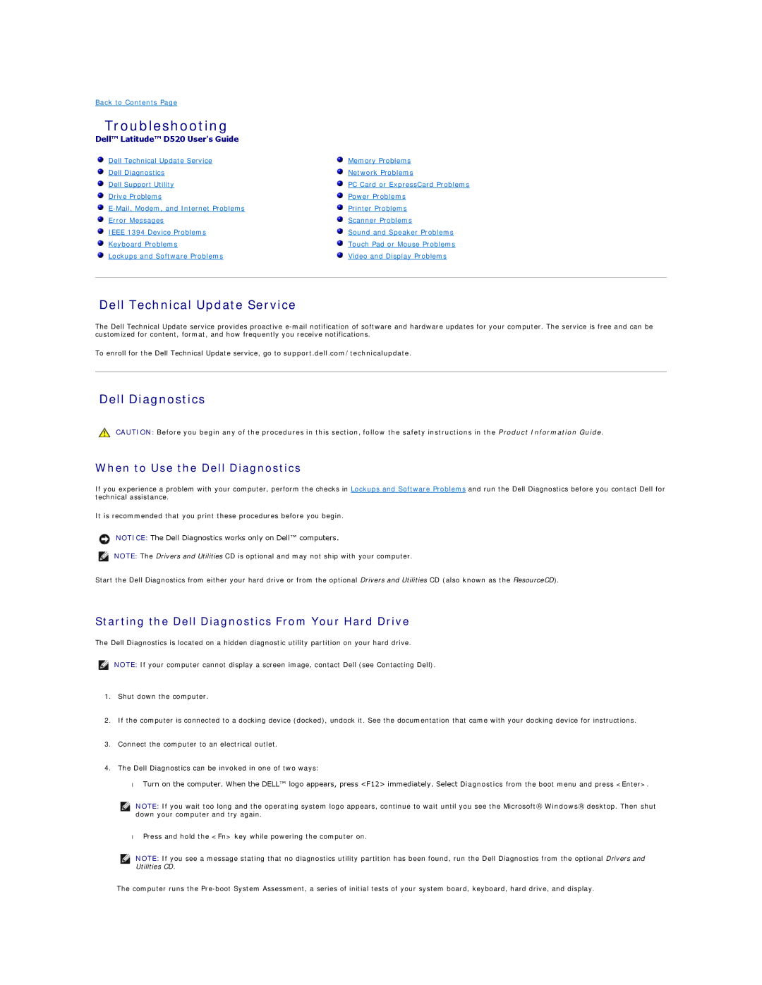 Dell D520 specifications Troubleshooting, Dell Technical Update Service, When to Use the Dell Diagnostics 