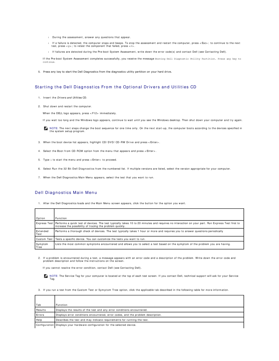 Dell D520 specifications Dell Diagnostics Main Menu, Option Function 