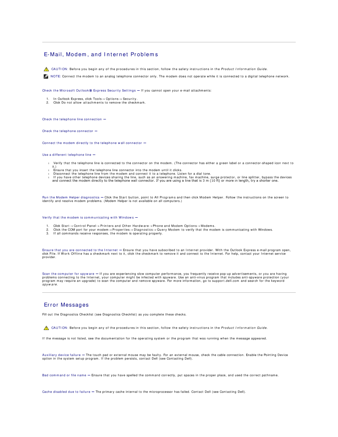 Dell D520 Mail, Modem, and Internet Problems, Error Messages, Verify that the modem is communicating with Windows 