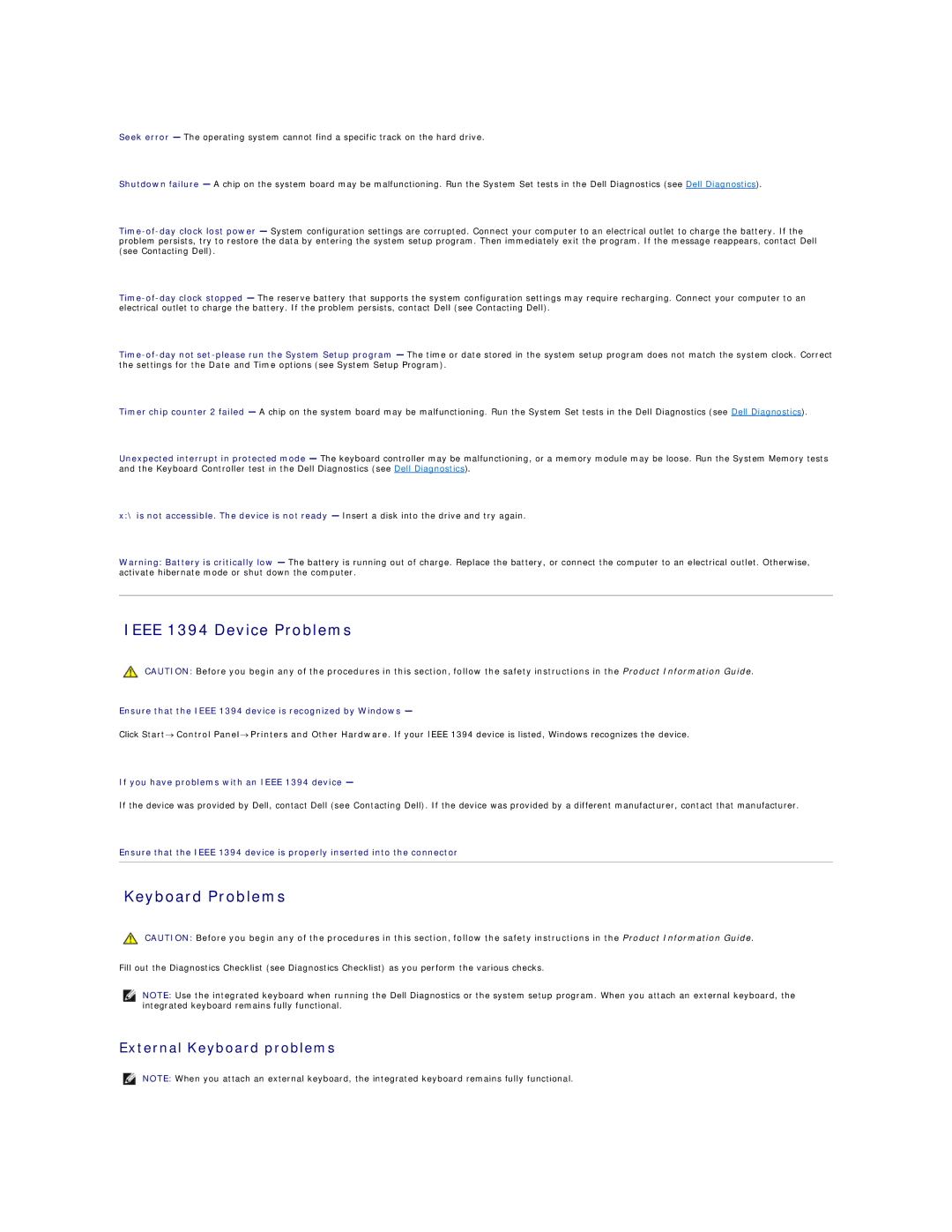 Dell D520 specifications Ieee 1394 Device Problems, Keyboard Problems, External Keyboard problems 