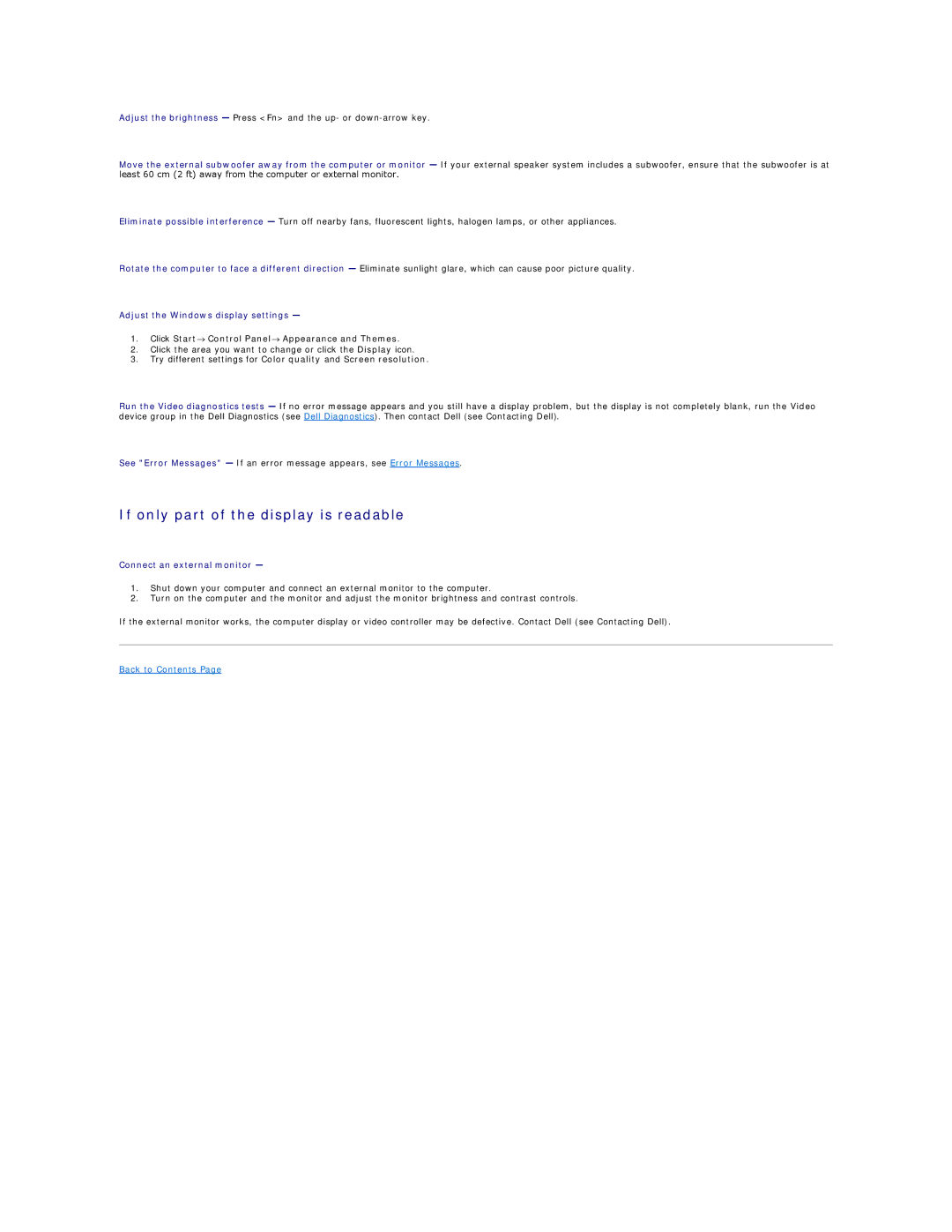 Dell D520 If only part of the display is readable, Adjust the Windows display settings, Connect an external monitor 