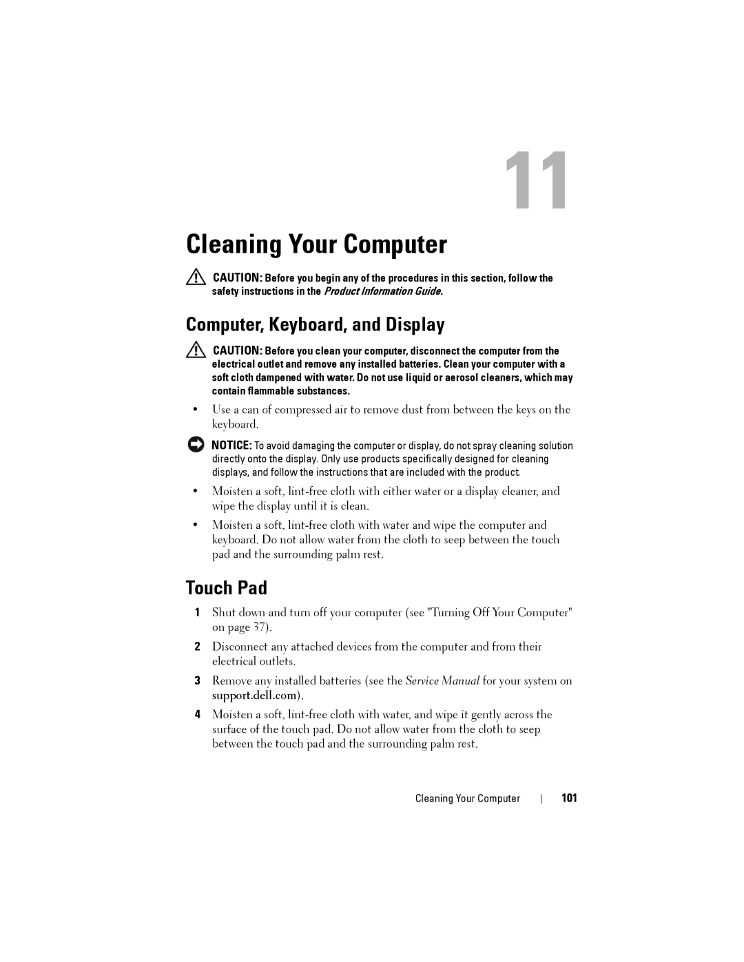 Dell D530 manual Cleaning Your Computer, Computer, Keyboard, and Display 