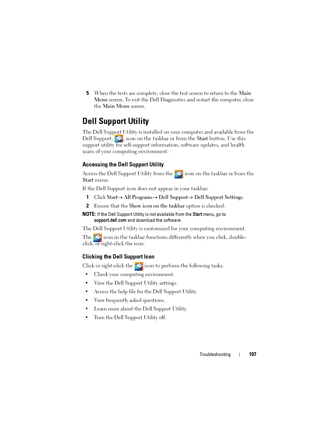 Dell D530 manual Accessing the Dell Support Utility, Clicking the Dell Support Icon, 107 