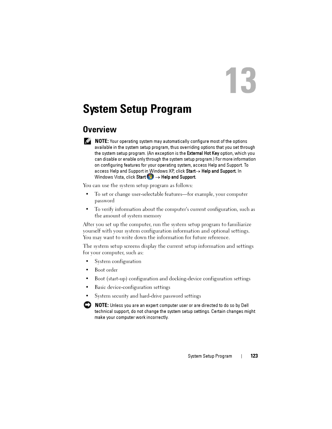 Dell D530 manual System Setup Program, Overview, 123, Windows Vista, click Start → Help and Support 