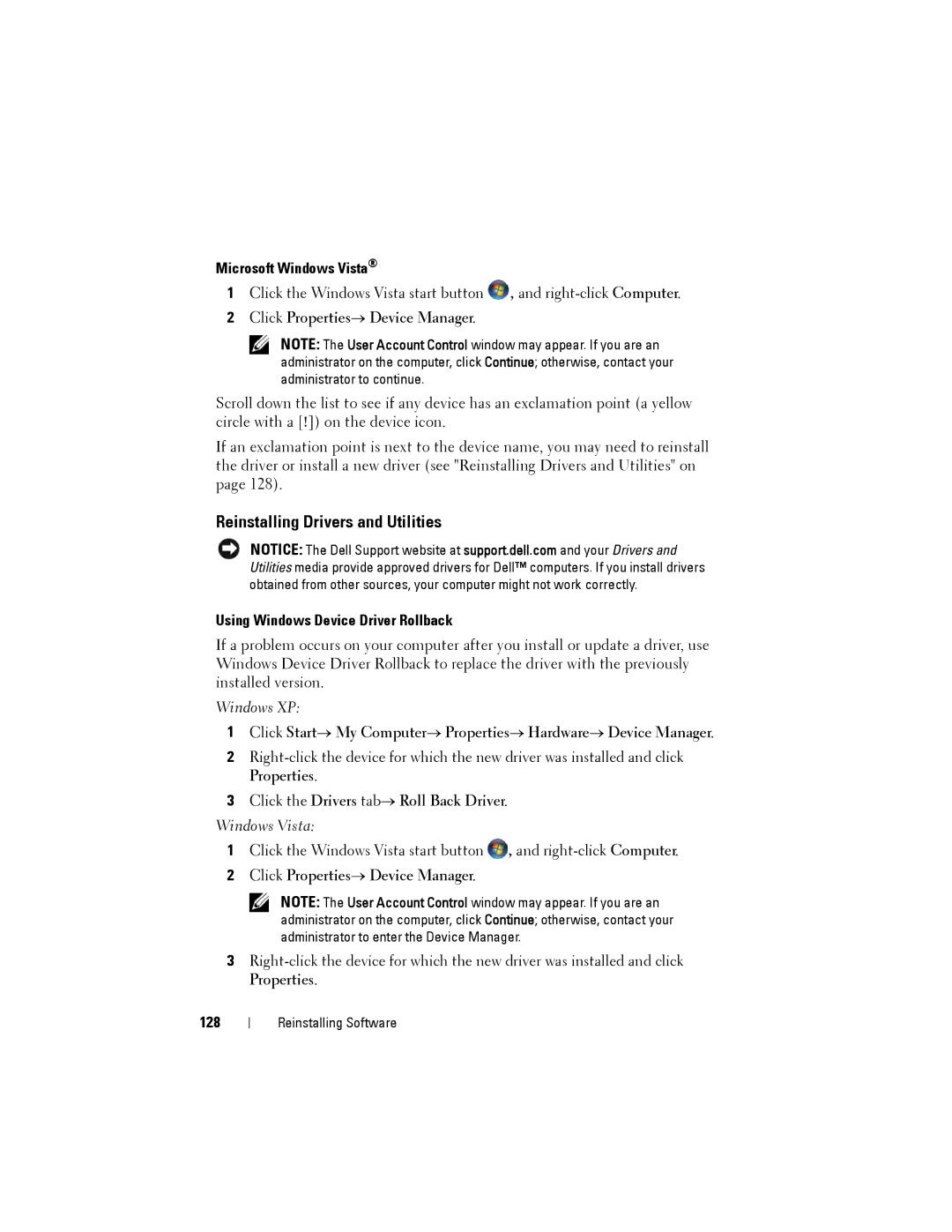 Dell D530 manual Reinstalling Drivers and Utilities, Microsoft Windows Vista, Using Windows Device Driver Rollback, 128 