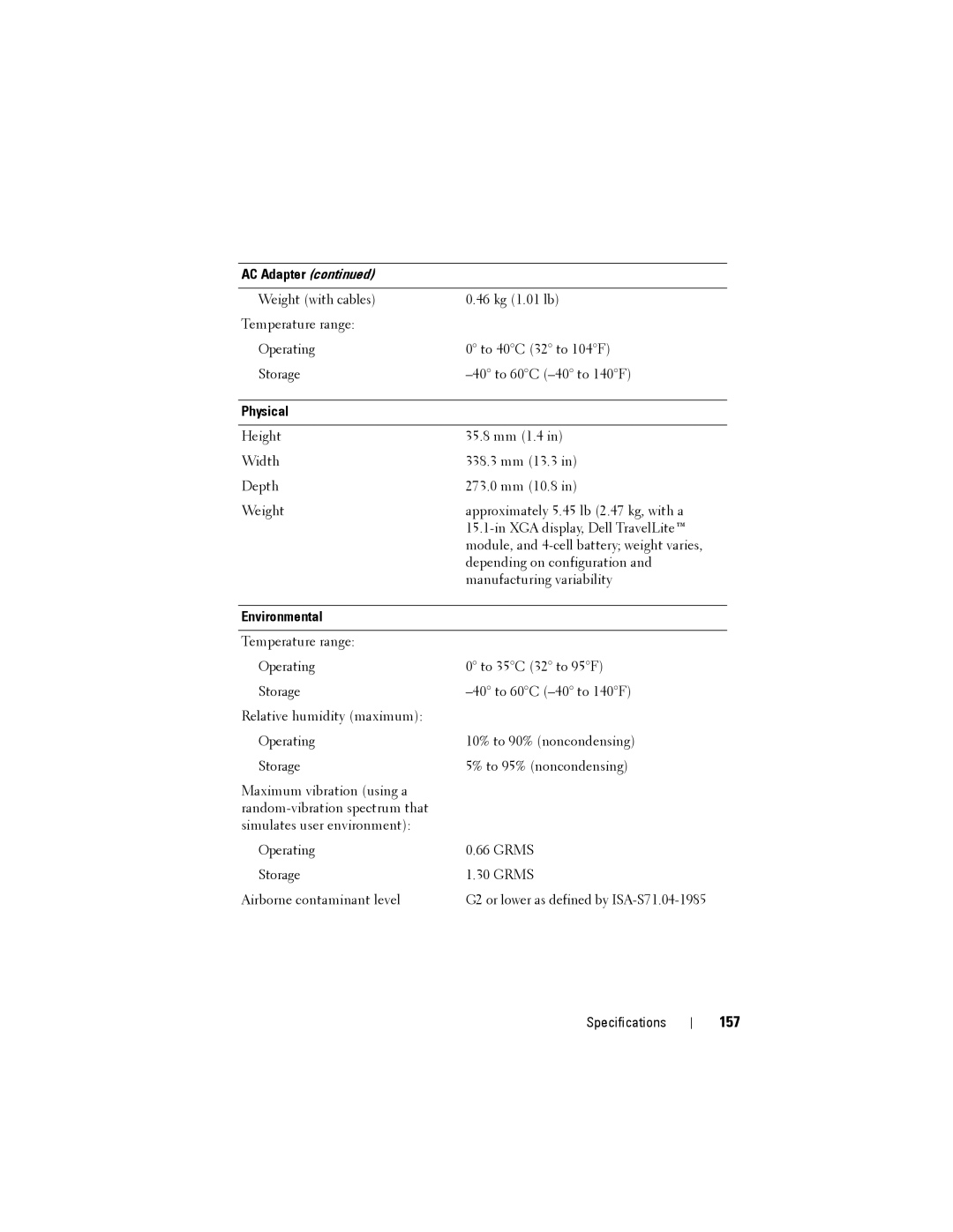 Dell D530 manual 157, Physical, Environmental 