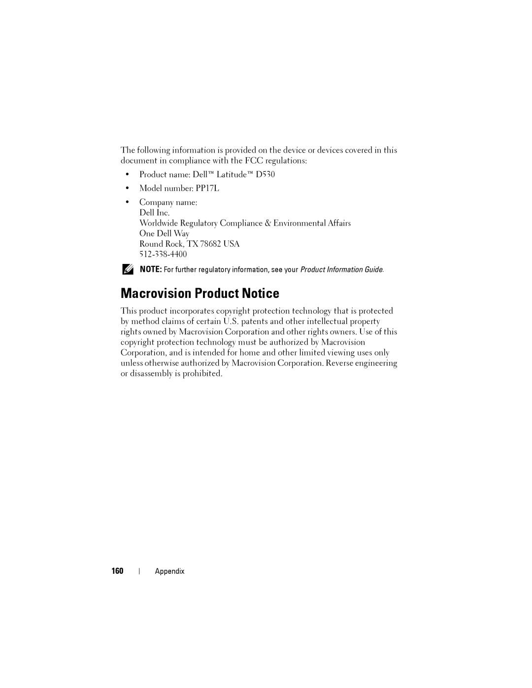 Dell D530 manual Macrovision Product Notice, 160 