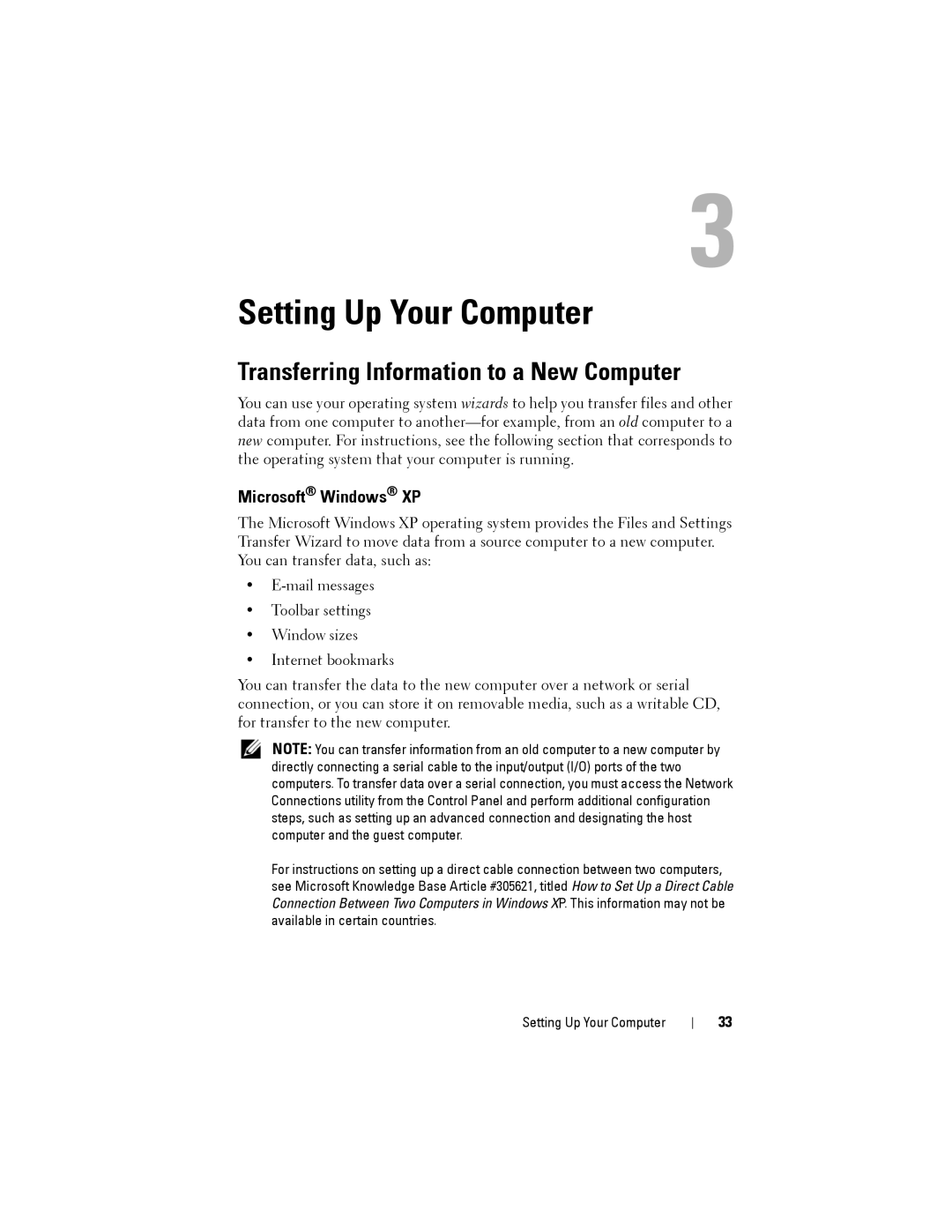 Dell D530 manual Setting Up Your Computer, Transferring Information to a New Computer, Microsoft Windows XP 