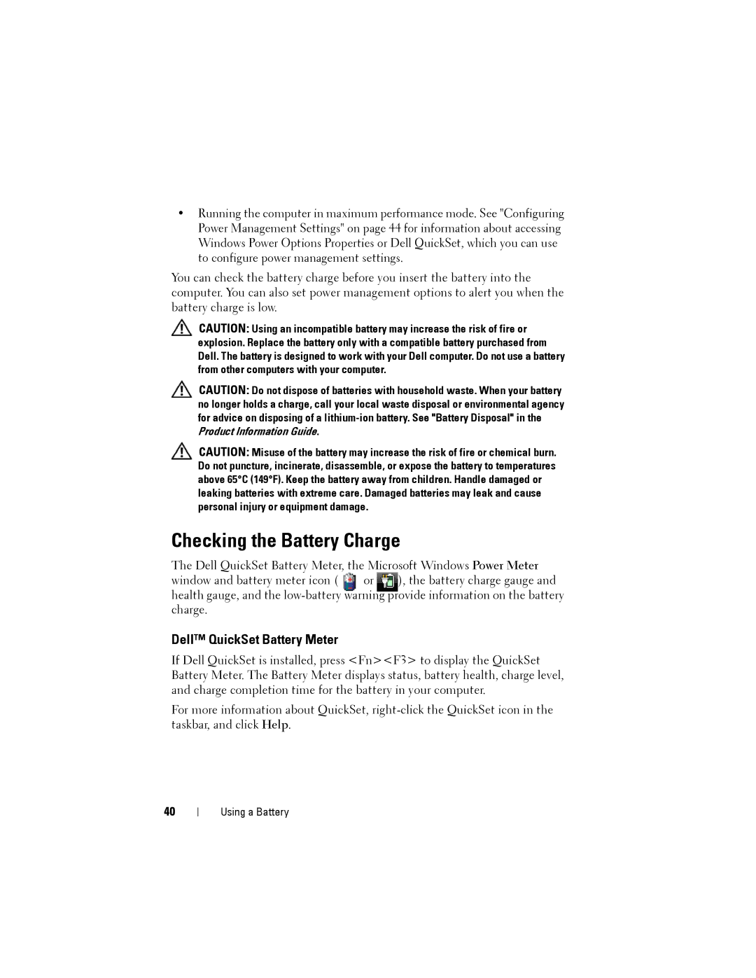 Dell D530 manual Checking the Battery Charge, Dell QuickSet Battery Meter 