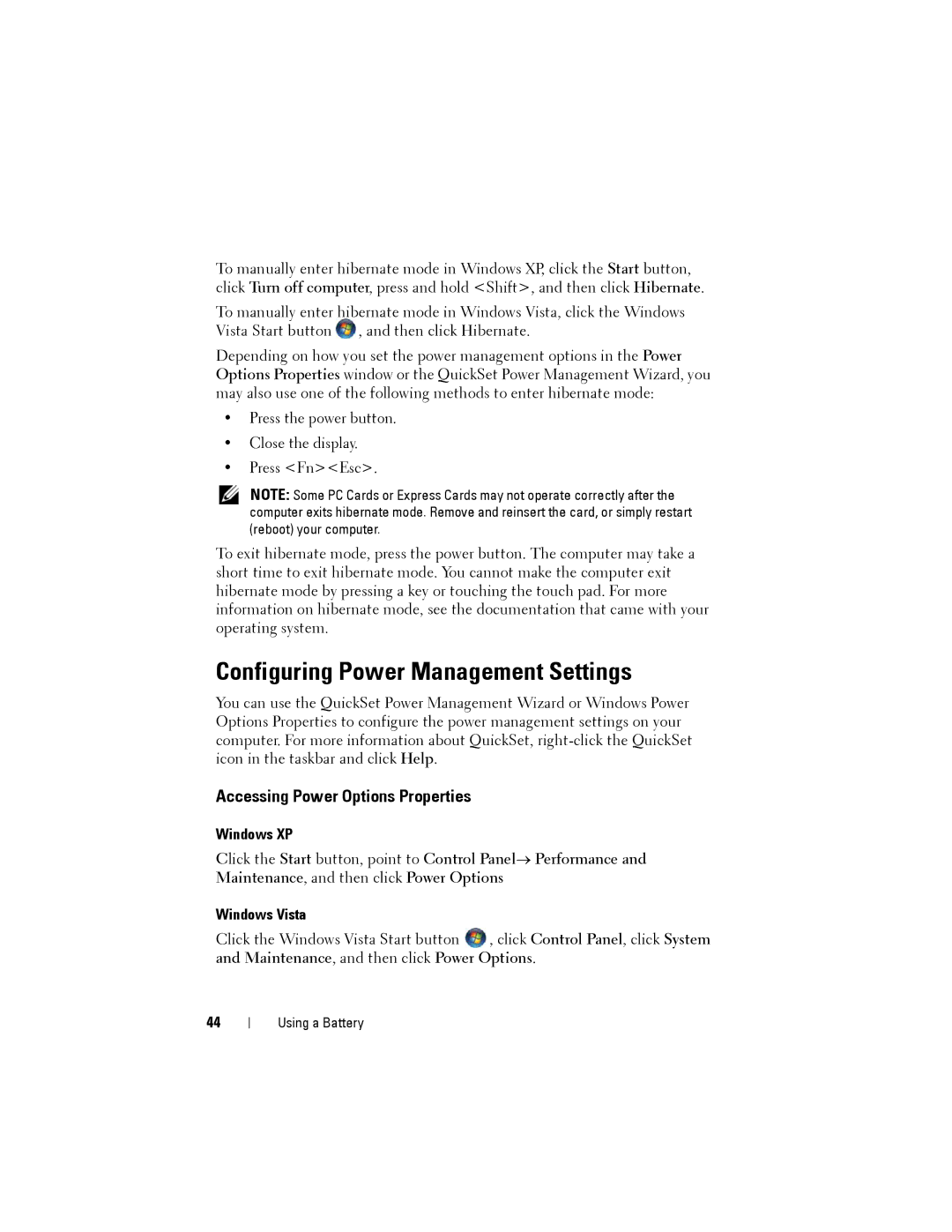 Dell D530 manual Configuring Power Management Settings, Accessing Power Options Properties, Windows XP, Windows Vista 