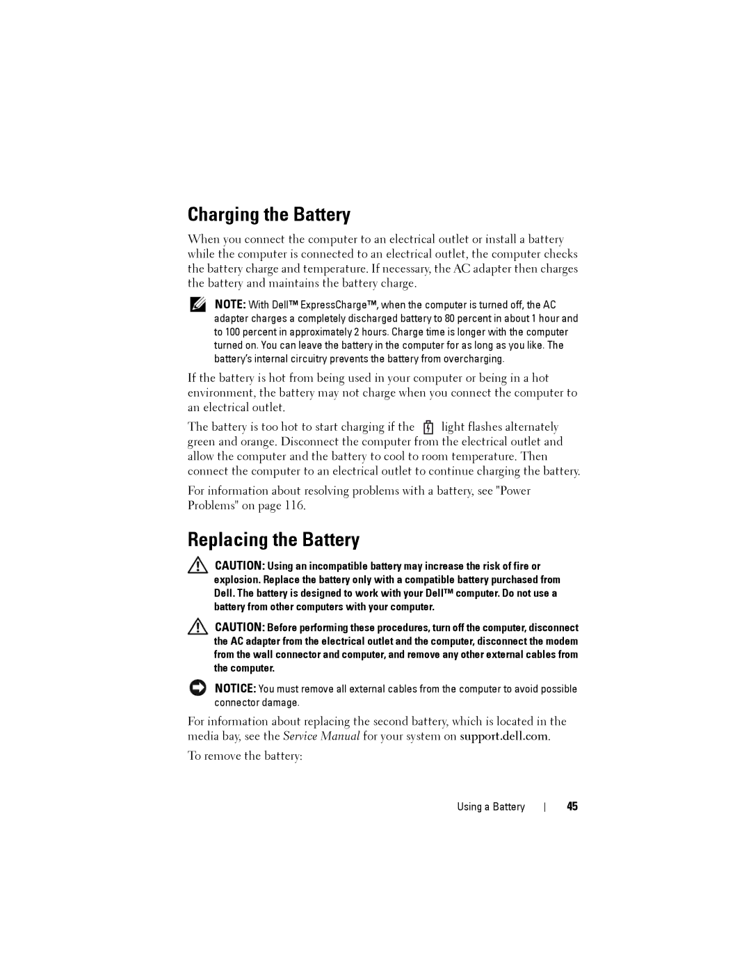 Dell D530 manual Charging the Battery, Replacing the Battery 