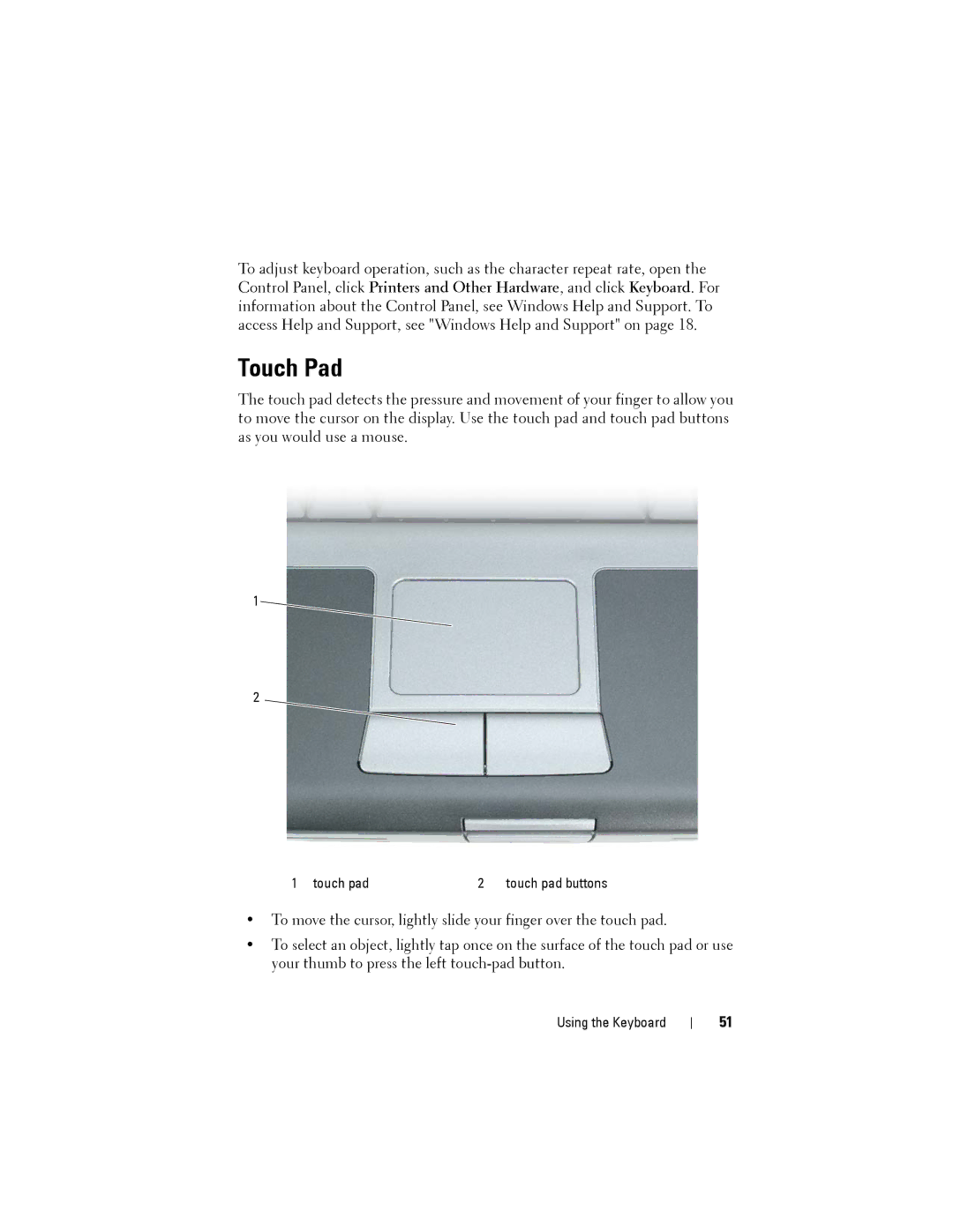 Dell D530 manual Touch Pad 