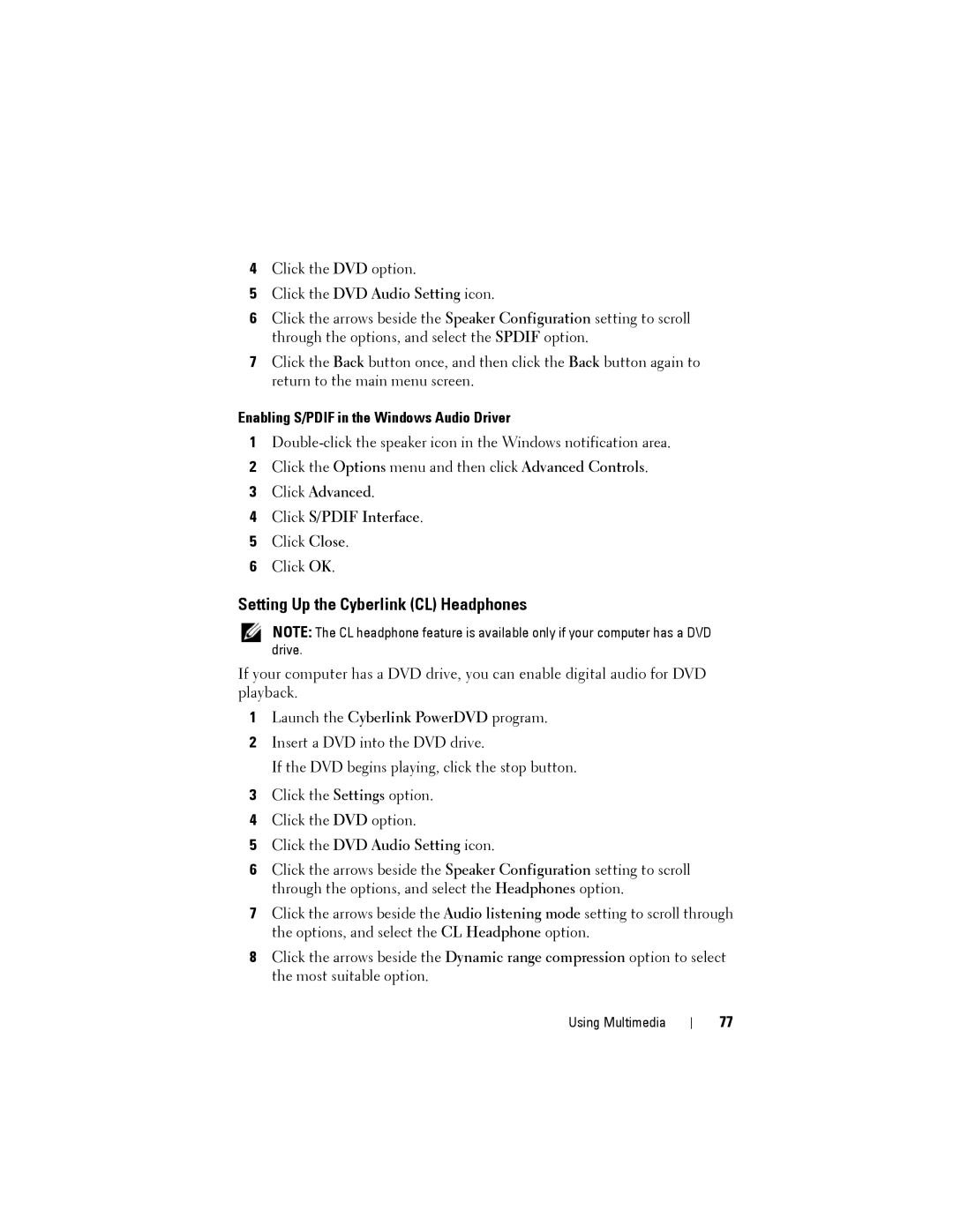 Dell D530 manual Setting Up the Cyberlink CL Headphones, Enabling S/PDIF in the Windows Audio Driver 