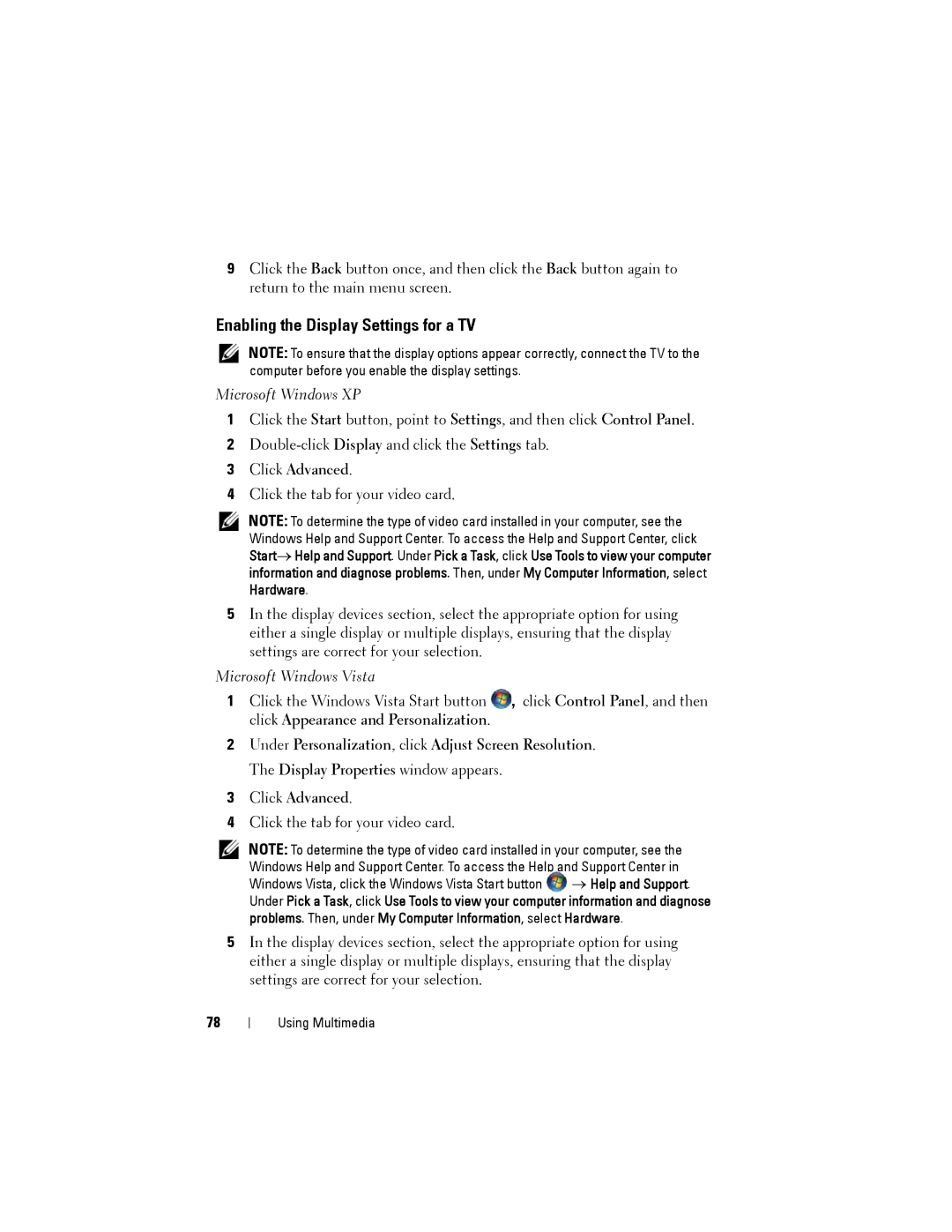 Dell D530 manual Enabling the Display Settings for a TV, Click Advanced 