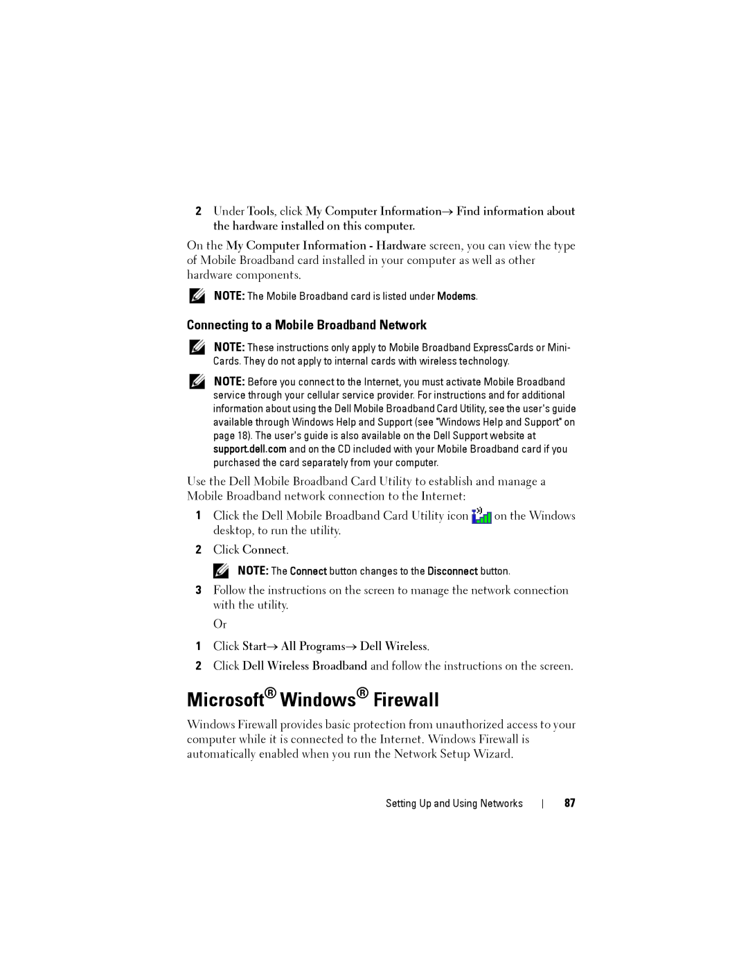 Dell D530 manual Microsoft Windows Firewall, Connecting to a Mobile Broadband Network 