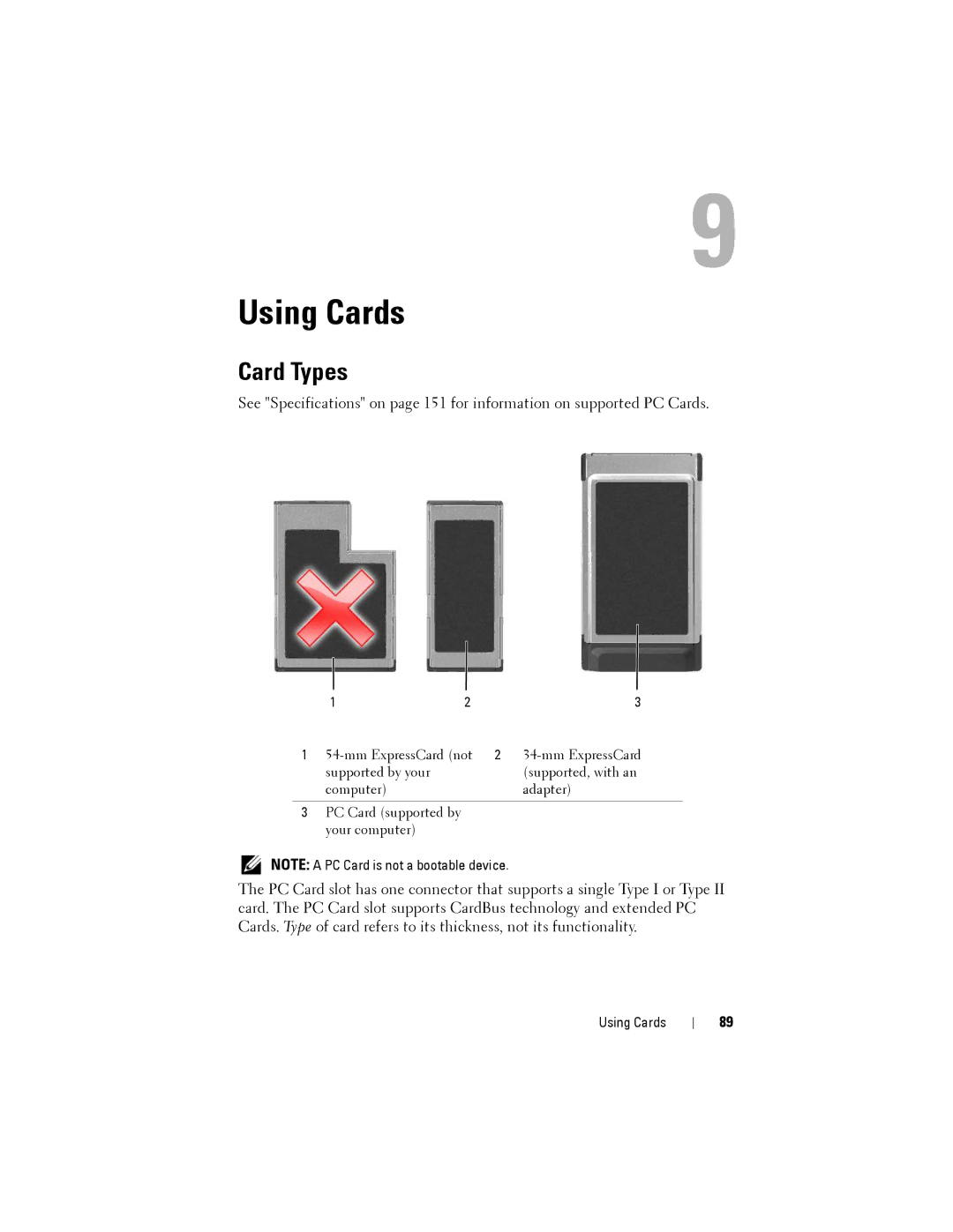 Dell D530 manual Using Cards, Card Types 