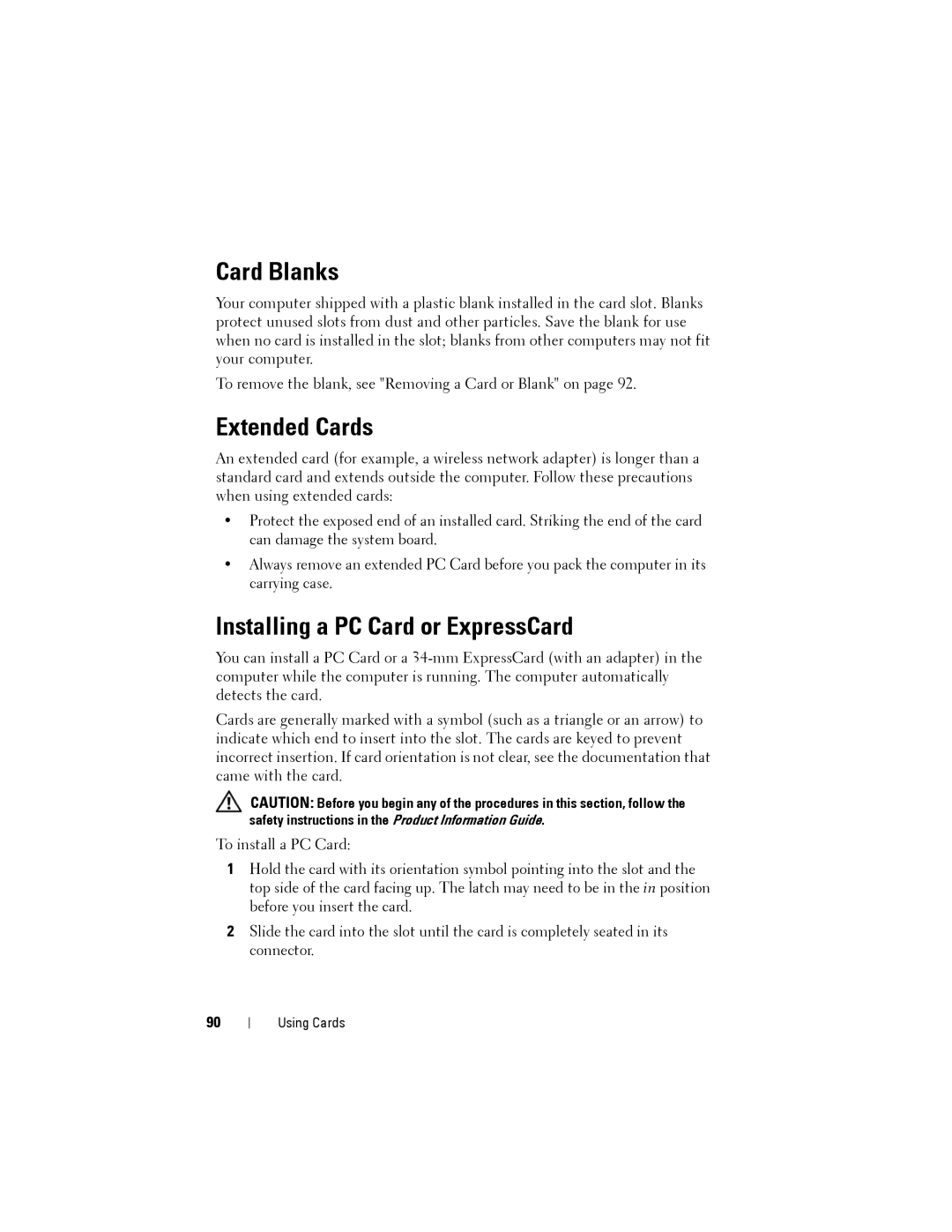 Dell D530 manual Card Blanks, Extended Cards, Installing a PC Card or ExpressCard 