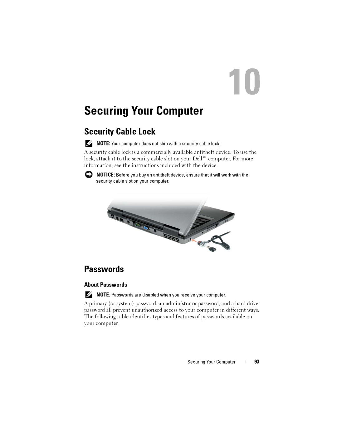 Dell D530 manual Securing Your Computer, Security Cable Lock, About Passwords 