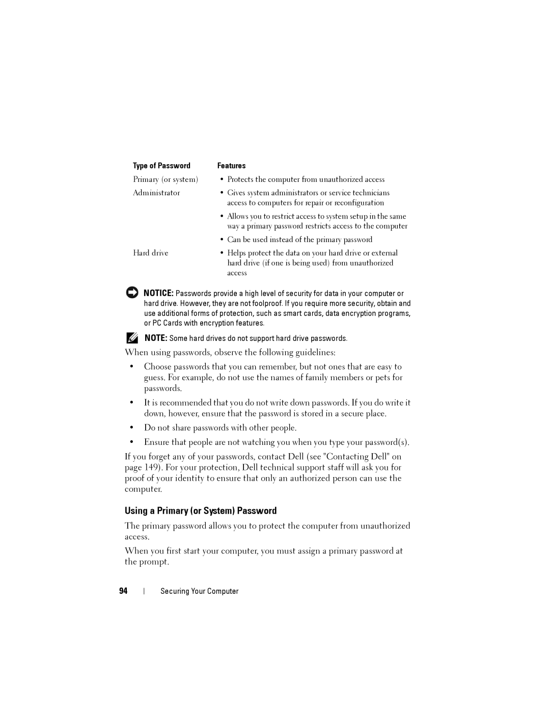 Dell D530 manual Using a Primary or System Password, Type of Password Features 