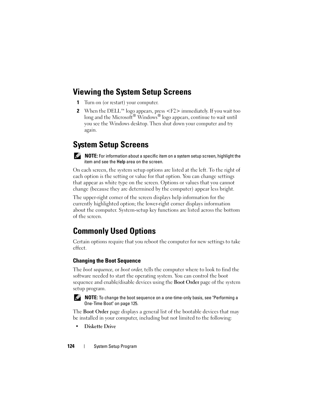 Dell D530 manual Viewing the System Setup Screens, Commonly Used Options, Changing the Boot Sequence, Diskette Drive 124 